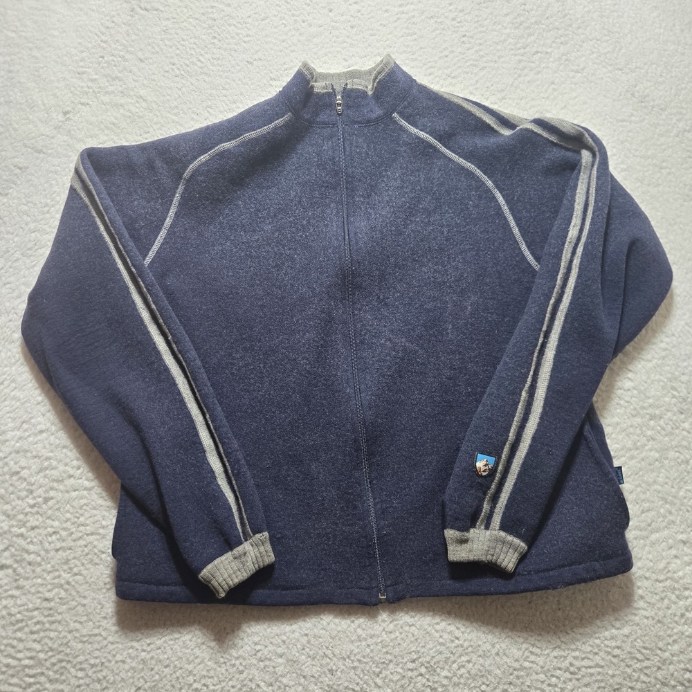 Kuhl Stuttgart Sweater Jacket Men XL Blue 100% Merino Wool Ful Zip Hike